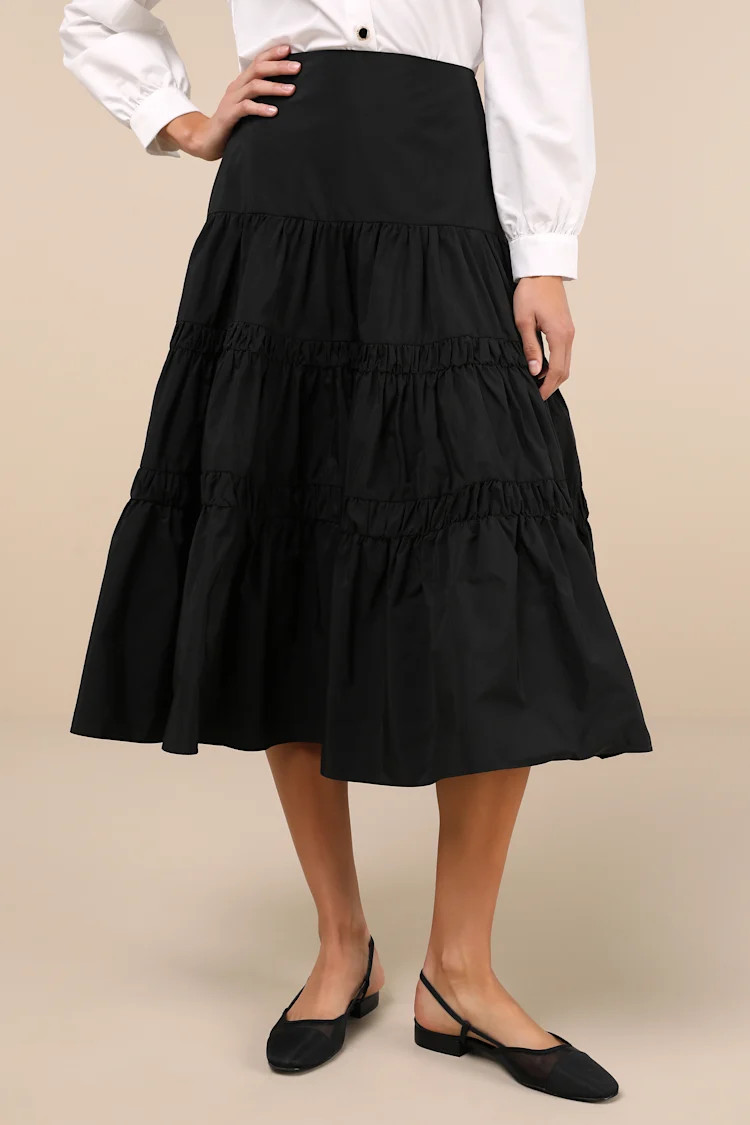 Darling Flourish Black Tiered High-Rise Midi Skirt | Lulus