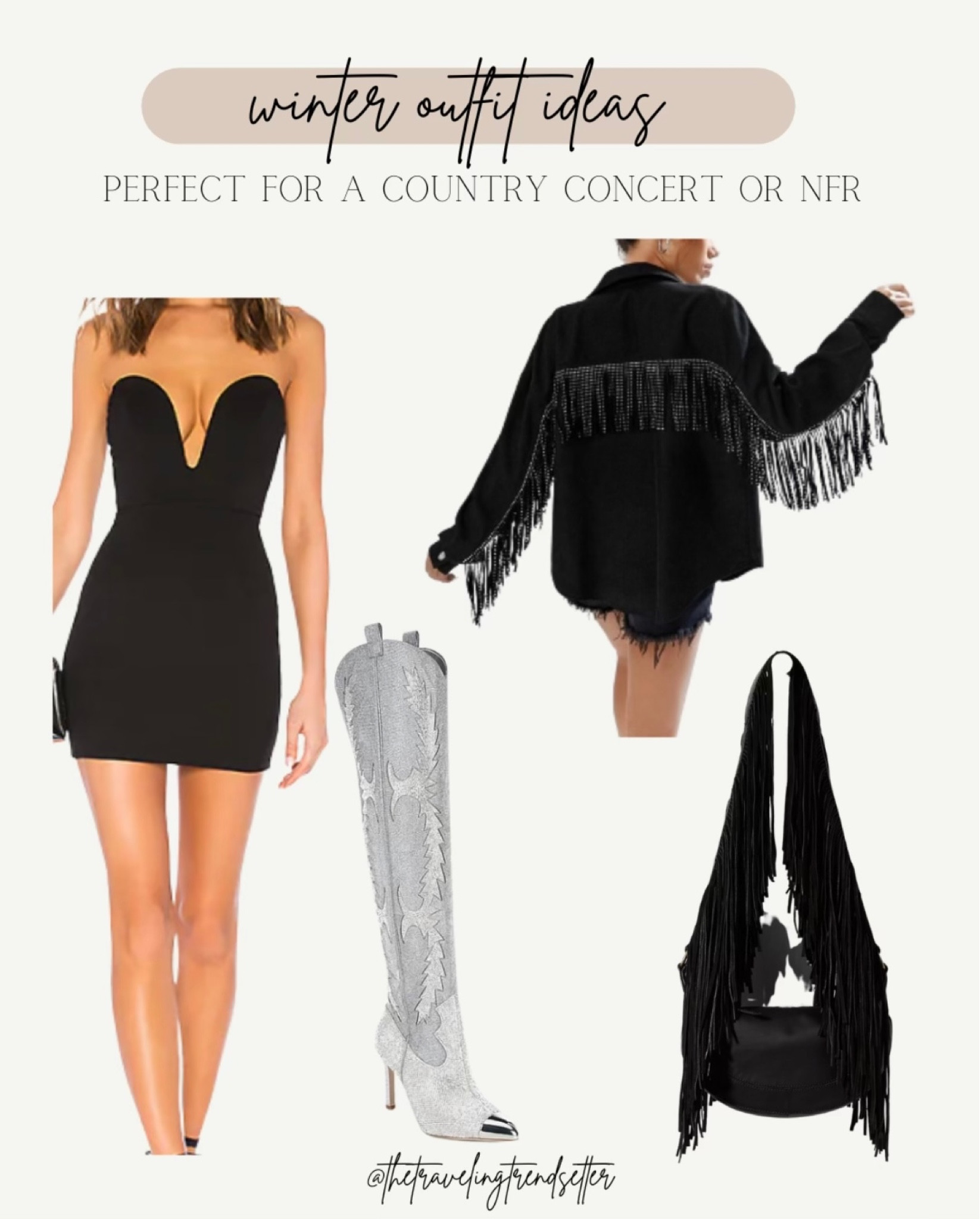 Winter outfit ideas for a country concert, NFR or western style outfit! Black dress, fringe jacket, fringe bag and knee high boots would be a fabulous going out outfit. Shop this fashion look! #westernoutfit #datenightlook #winterfashion

#LTKstyletip #LTKSeasonal #LTKHoliday