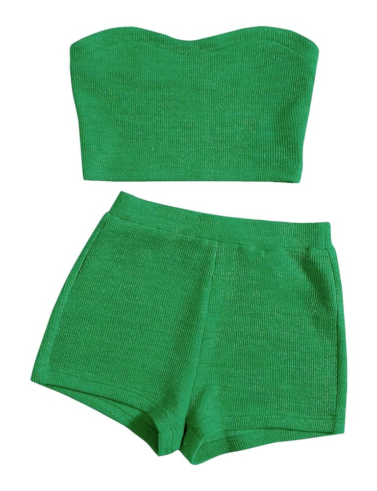 Women's Knitted 2 Piece Outfit Ribbed Crop Top Sleeveless Bandeau Tube Tops and Track Shorts Set | Amazon (US)