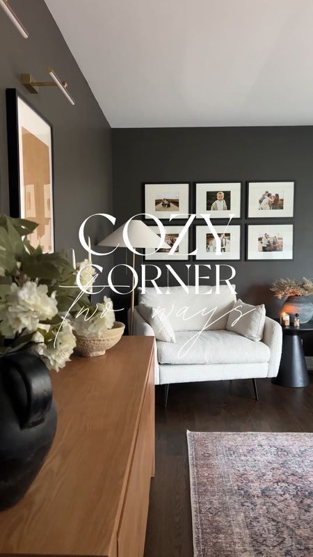 How to create a cozy corner in two different ways! Start with a chair, add storage/sideboard (if space allows) or side table, and a gallery wall or art on the wall. Use candles, greenery, and/or stems for added warmth. 

#LTKVideo #LTKhome #LTKsalealert