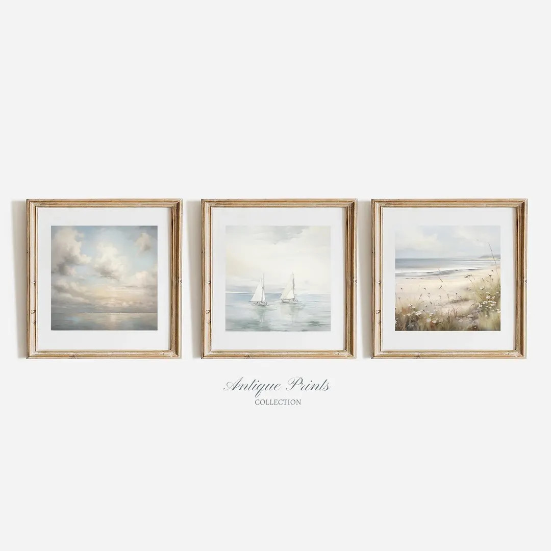 Coastal Prints, Set of 3 Square Beach Wall Art, Vintage Seascape Painting, Light Blue Coastal Dec... | Etsy (US)