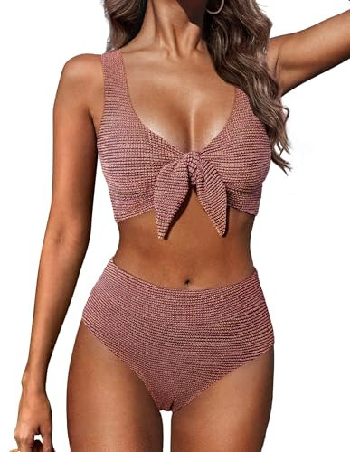 Hanna Nikole High Waisted Textured Bikini Sets for Women Two Piece Swimsuit Full Coverage Push Up Bathing Suits Beach Swimwear Teens Pink | Amazon (US)