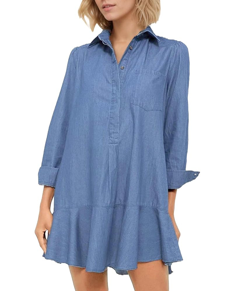 Women's Long Sleeve Denim Shirt Dress Button Down Ruffle Flowy Collared Mini Shift Drop Waist Jea... | Amazon (US)