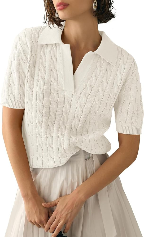 SPR&JOY Womens Short Sleeve Sweaters Cable Knitted V Neck Pullover Sweaters Lightweight Shirt Top... | Amazon (US)