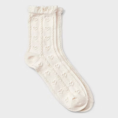 Women's Soft Ruffle Cuff Textured Hearts Valentine's Day Mid Crew Socks - Auden™ Ivory 4-10 | Target