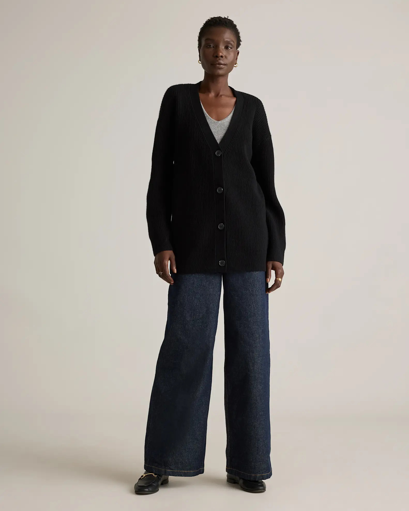 Mongolian Cashmere Oversized Boyfriend Cardigan Sweater in Black | Quince