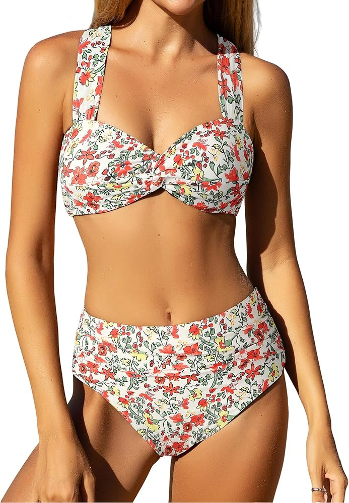 ZAFUL Women's High Waisted Bikini Sets Twist Front Tummy Control Two Piece Swimsuit Bathing Suit | Amazon (US)