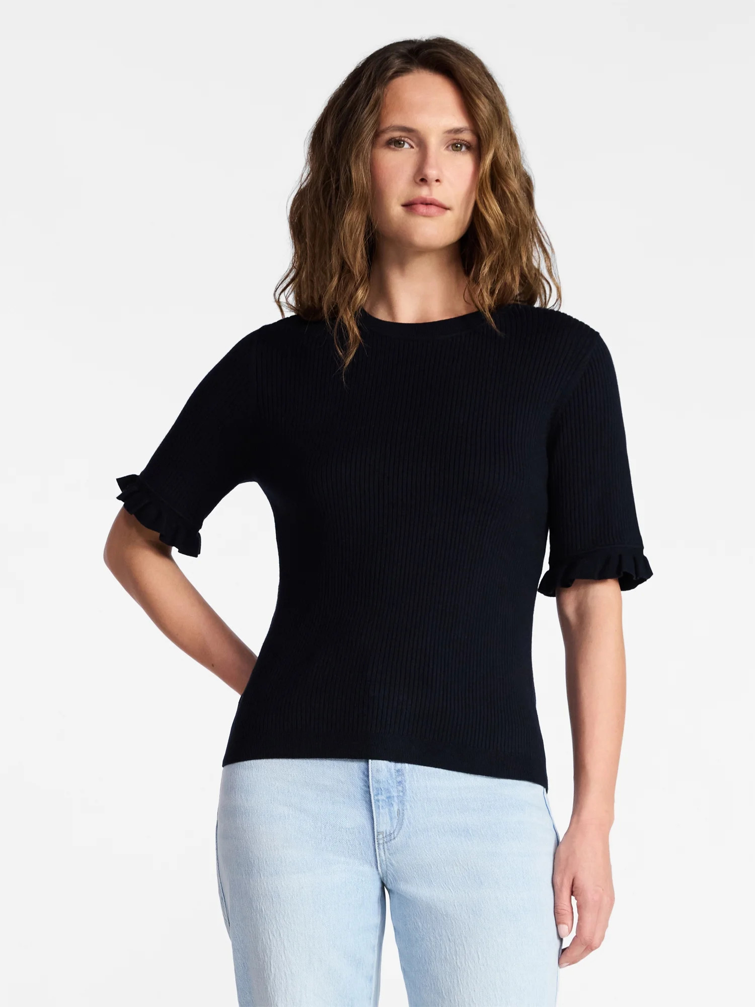 Time and Tru Women's Ribbed Sweater with Flounce Sleeves, Midweight, Sizes XS-XXXL | Walmart (US)