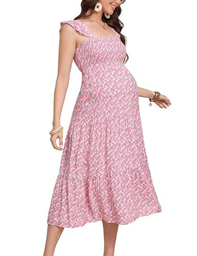 KOJOOIN Womens Maternity Dress Summer Sleeveless Smocked Square Neck Ruffle Casual Boho Midi Dress Baby Shower Photoshoot Pink Flower M | Amazon (US)