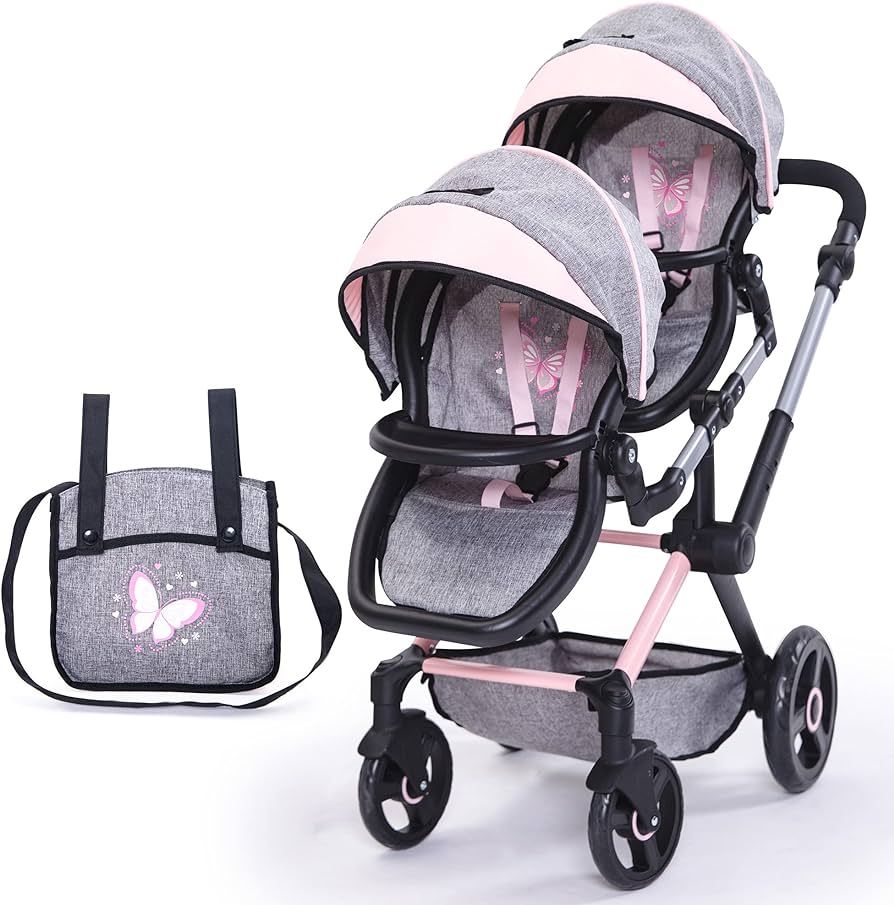 Bayer Design Dolls: Xeo Twin Pram - Butterfly Grey & Pink - Matching Handbag, Adjustable Handle, ... | Amazon (US)