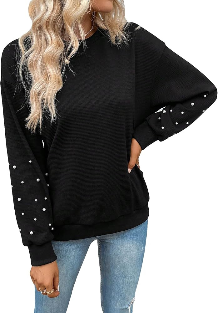SOLY HUX Women's Sweatshirt Pearls Beaded Long Sleeve Drop Shoulder Pullover Tops | Amazon (CA)