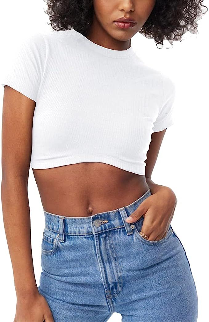 Abardsion Womens Cropped T Shirts Short Sleeve Crewneck Slim Ribbed Crop Top Tees | Amazon (US)