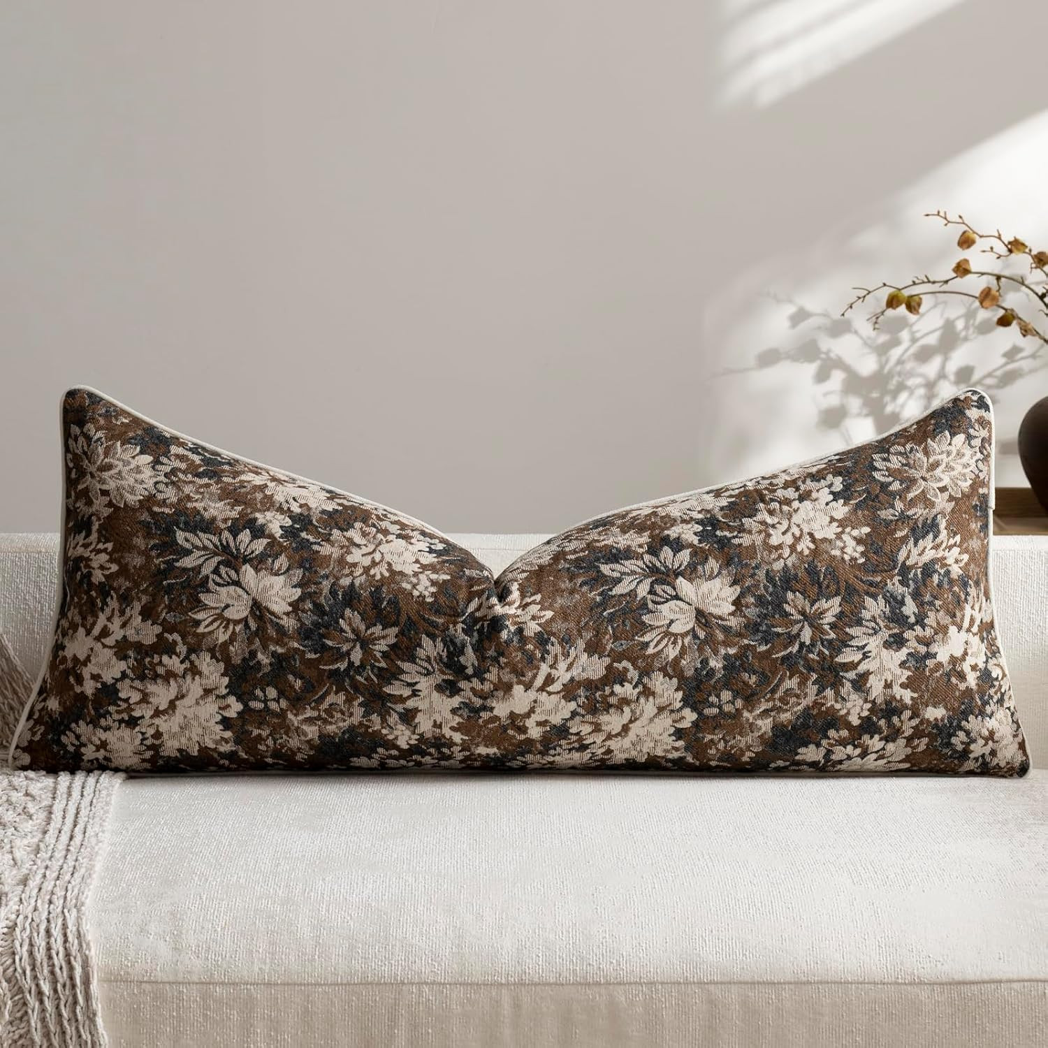 Pack of 1 Vintage Floral Lumbar Pillow Covers 14x36 Boho Farmhouse Accents Chenille Rectangular Decorative Throw Pillow Cases for Living Room Couch Bed Home Decor, Dark Brown | Amazon (US)
