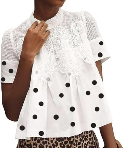 VAOYIU Women Lace-Detail Flared Blouse Short-Sleeve Crew Neck Lace Poplin Mesh Swing Top Casual and Elegant Loose with Intricate Back Design(Polkadot -M) | Amazon (US)