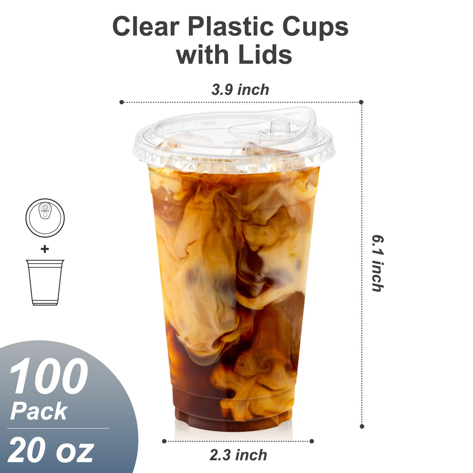 100 Pack - 20 oz Clear Plastic Cups with Lids, Sturdy & Food Safe Iced Coffee Cups with lids, Dis... | Amazon (US)