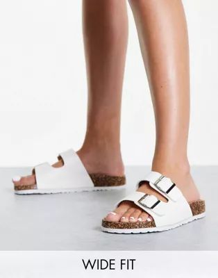 Yours WIDE FIT double buckle flat sandals in white | ASOS (Global)