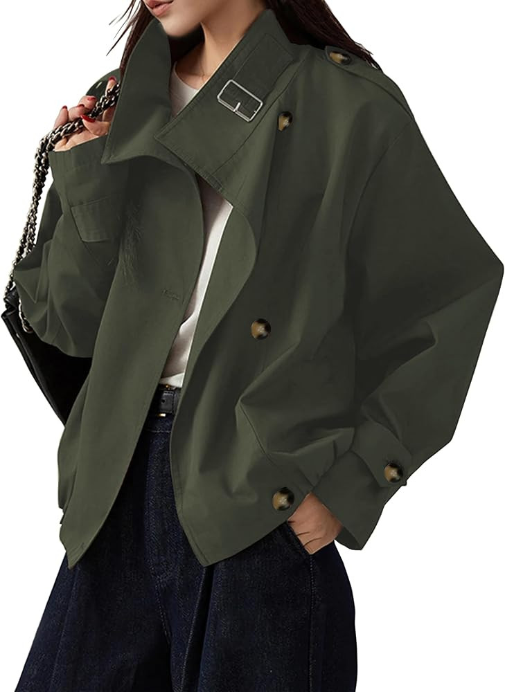 Megfie Jackets for Women Vintage Trench Coat Funnel Neck Cropped Jackets | Amazon (US)