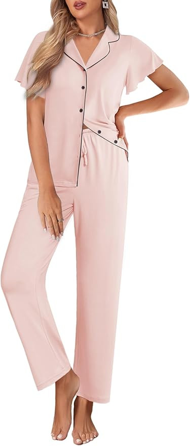 Ekouaer Pajamas for Women Set Button Up Sleepwear Cute Pjs Ruffle Sleeve Notch Collar Loungewear ... | Amazon (US)