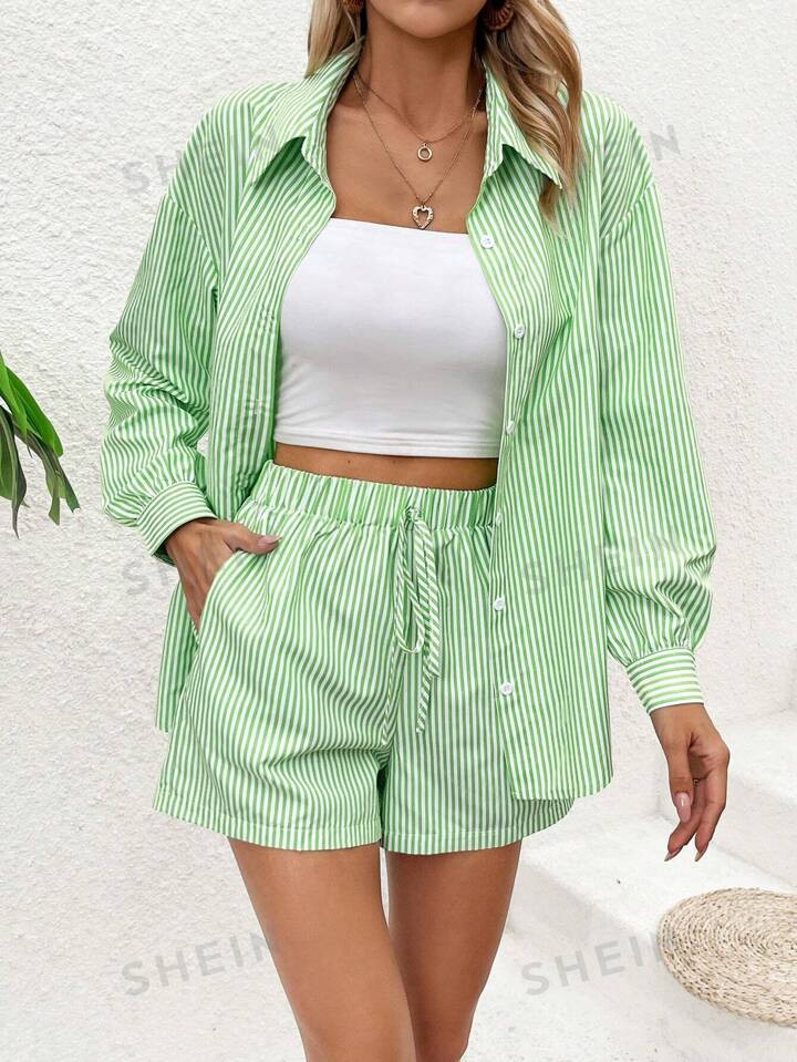 SHEIN Frenchy Women's Vertical Striped Shirt And Shorts Set | SHEIN