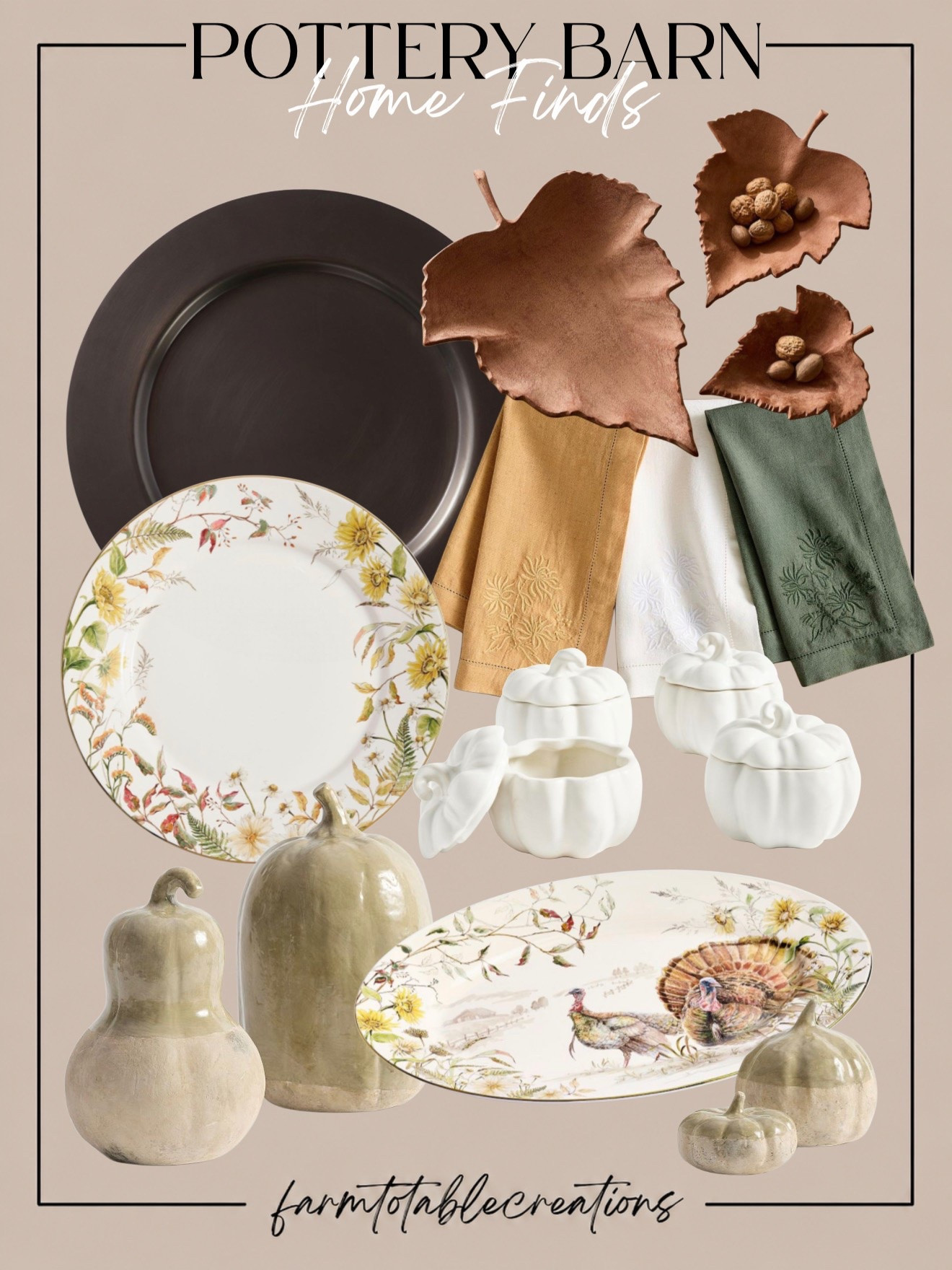 Pottery Barn Thanksgiving Table Finds 🍂

The prettiest mix of warm, earthy pieces for a cozy Thanksgiving table. Rich bronze tones, botanical dinnerware, embroidered napkins, sculptural pumpkins, and those leaf-shaped serving pieces give the whole collection an elevated harvest feel without being overly themed.

Follow @farmtotablecreations on Instagram for more cozy home finds and trending decor.

These are the kinds of pieces you can bring out year after year—perfect for Thanksgiving dinner, Friendsgiving, or simply giving your fall table a beautiful seasonal refresh.

#LTKHome #PotteryBarn #PotteryBarnStyle #ThanksgivingDecor #ThanksgivingTable #FallTablescape #FallDecor #AutumnHome #TableSetting #EntertainingAtHome #HarvestDecor #CozyHome #HomeDecor #FallHomeFinds

#LTKHome #LTKSaleAlert