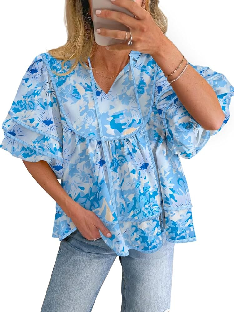 Cicy Bell Womens Summer Floral Babydoll Tops V Neck Short Lantern Sleeve Shirts Cute Loose Fit Fl... | Amazon (US)