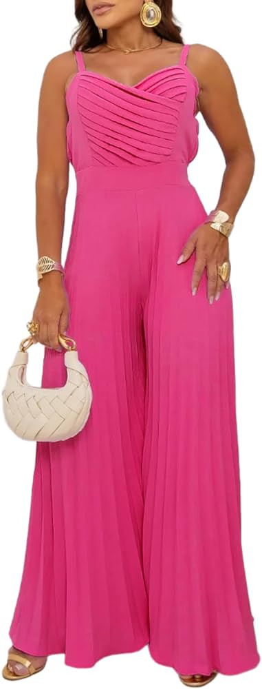 CHICME Women’s V Neck Spaghetti Strap Jumpsuits Wide Leg Pleated Pants Summer Cami Overalls | Amazon (US)