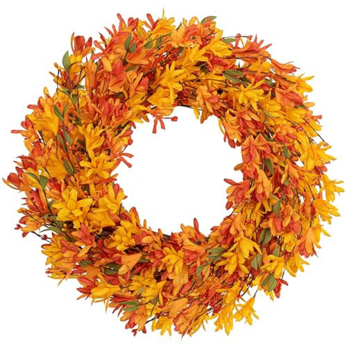 LLZLL Fall Wreaths 20 Inch Fall Wreath for Front Door Orange Artificial Thanksgiving Wreath with Forsythia Flower for Autumn Thanksgiving Home Decorations | Amazon (US)