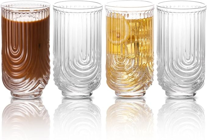 INSETLAN Vintage Glassware Arch Design Glass Cups Set of 4, Fashioned Ripple Glassware Highball G... | Amazon (US)