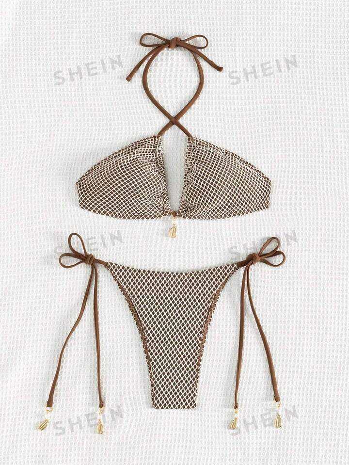 Women's Plaid Pattern Halter Neck Split Swimsuit Music Festival | SHEIN