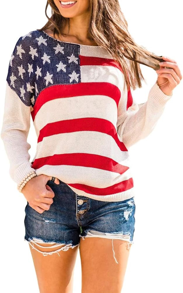 BRUBOBO Womens Color Block Pullover Sweaters Striped Long Sleeve American Flag Graphic Knit Sweat... | Amazon (US)