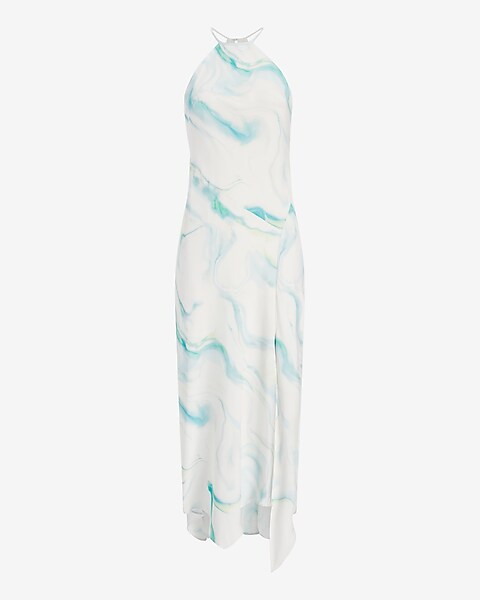 Abstract Marble Print Satin Asymmetrical Hem Maxi Slip Dress | Express