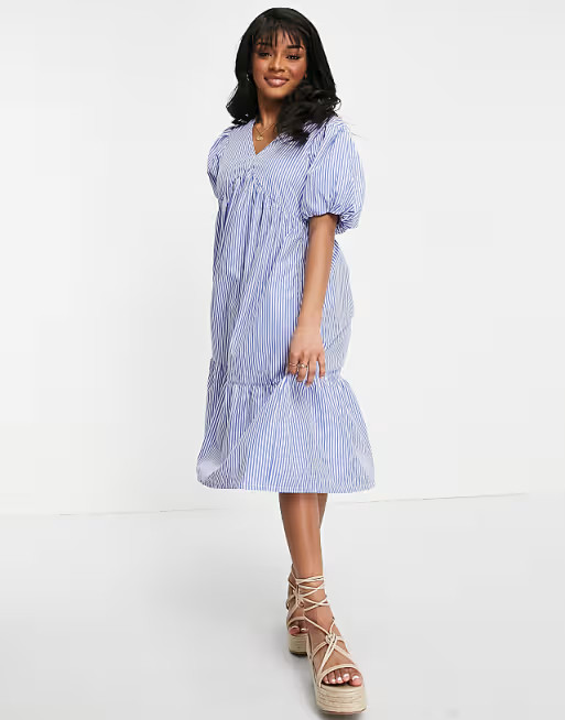 Influence Petite tie neck puff sleeve midi dress in stripe | ASOS (Global)