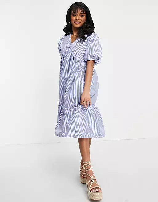 Influence Petite tie neck puff sleeve midi dress in stripe | ASOS (Global)