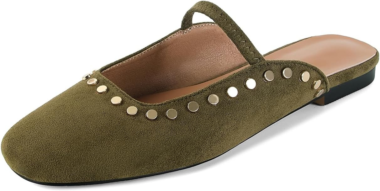 Mary Jane Mules for Women Closed Square Toe Studded Suede Flat Mules Slip On Backless Loafers Dre... | Amazon (US)