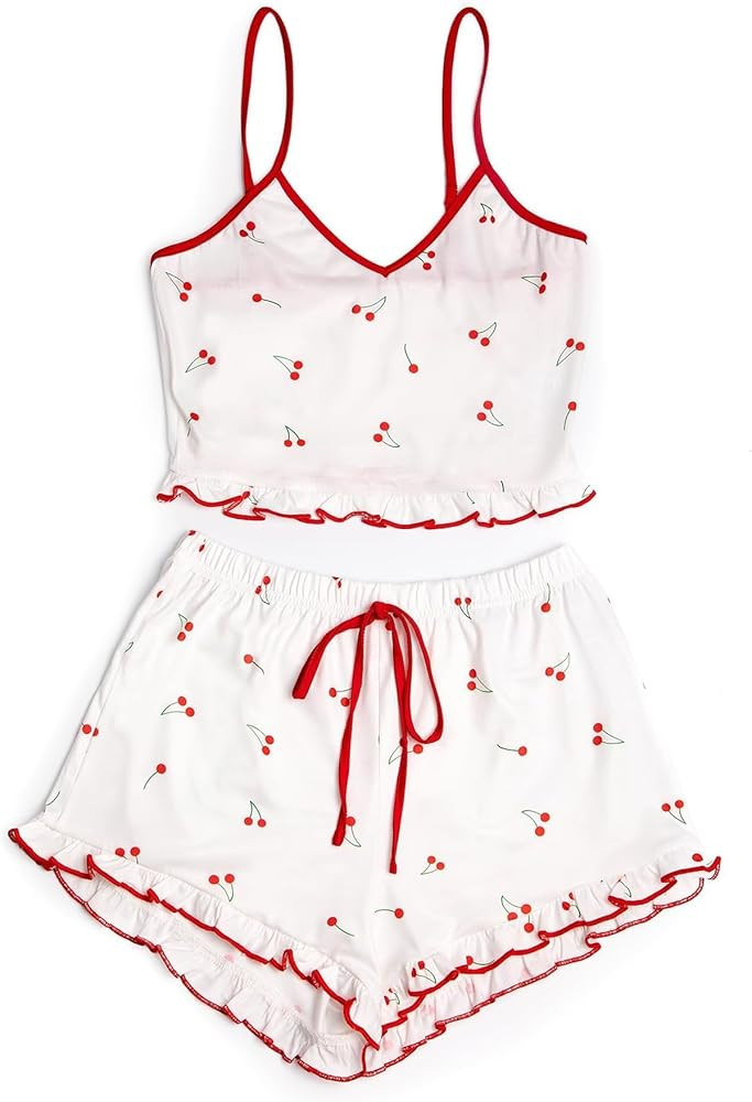 Avanova Women Ribbed Knit 2 Piece Pajama Set Cami Top and Ruffle Hem Shorts Sleepwear Set | Amazon (US)