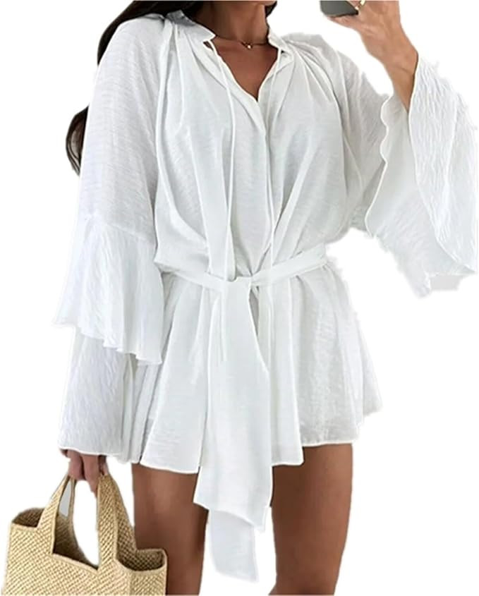 Women's Casual Solid Color Summer Dress with Adjustable Waist Chic V-Neck Bell Sleeve Mini Dress | Amazon (US)