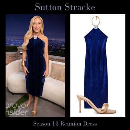 Sutton Stracke’s Blue Velvet Dress is By Schiaparelli // Shop Similar and Metallic Sandals at the Real Housewives of Beverly Hills Season 13 Reunion 📸 + info = @bravotv