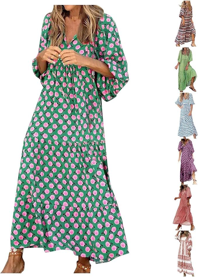 GSGXGGS Summer Dress for Women Puffy Half Sleeve V Neck Maxi Dress Boho Geometric Print Loose Dre... | Amazon (US)