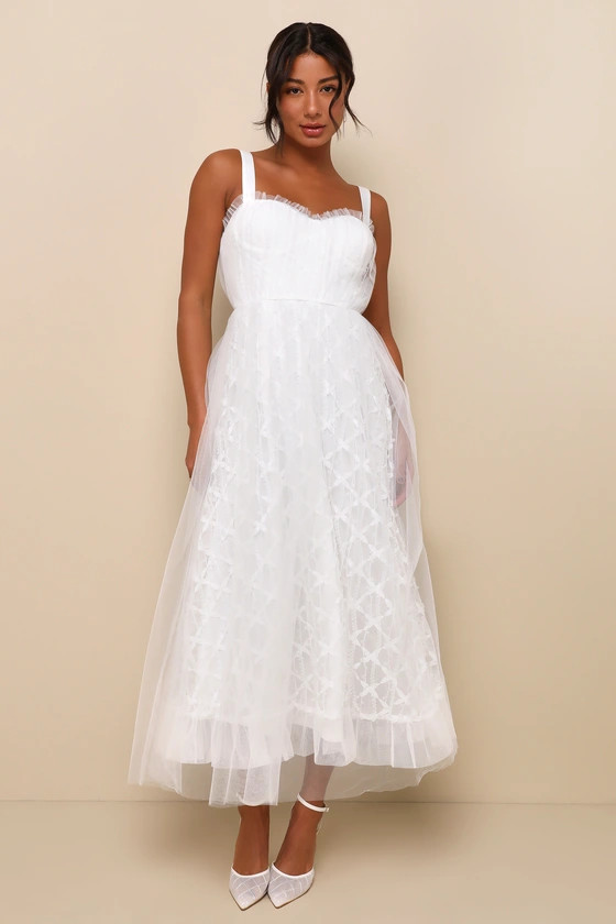 Ethereal Impression White Tulle Ruffled Bustier Midi Dress | Lulus (US)