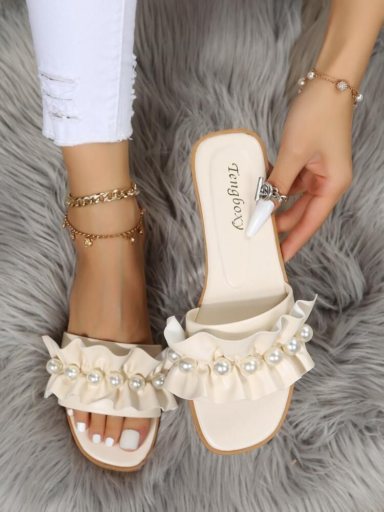Faux Pearl Decor Ruffle Trim Slide Sandals | SHEIN
