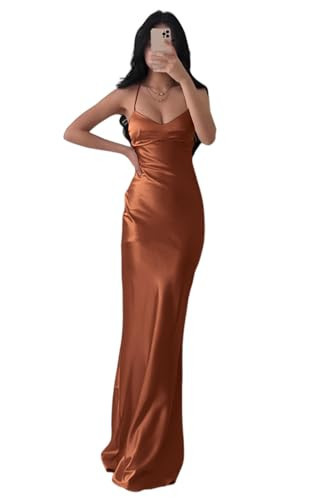 Sevintage Plus Size Bridesmaid Dress,Burnt Orange Satin Long Dress Formal,Burnt Orange Prom Dress for Women Floor Length Backless Size 26 | Amazon (US)