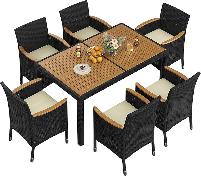 Yaheetech 7 Piece Patio Furniture Set, Outdoor Dining Acacia Wood Table Top Rattan Conversation S... | Amazon (US)