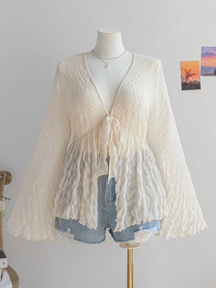 Soleia Plus Size Women Apricot Knitted Textured See-Through Open Front Tie Waist Flare Sleeve Top,Front Tie Bow,Thanksgiving Women Outfit,Hippie Clothes,Christmas Women Top,Going Out Top,Beach Women Outfit,Halloween Women Costumes,Fall Clothes Curve,Mexican Women Top,LLong Sleeve Women Blouses,Long Sleeve Mesh Top,Party Clothes | SHEIN