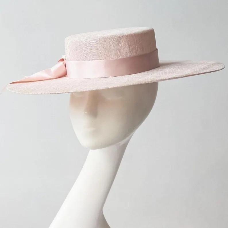 ROSALIE Pink Straw Boater Hat with Silk Ribbon, Oaks Day Races, Royal Ascot & Kentucky Derby,  Oa... | Etsy (US)