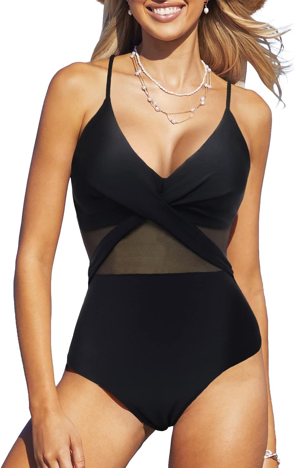 I2CRAZY Womens One Piece Swimsuits Mesh V Neck Monokini Bathing Suits Tummy Control Swimwear | Amazon (US)