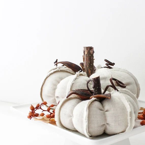 Oatmeal Linen Pumpkins, Fabric Pumpkins + Leather Leaves, Fall Decorations, Fall Farmhouse Decor,... | Etsy (US)