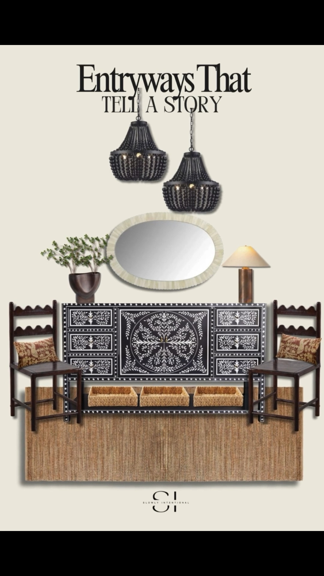 This entryway setup feels like something straight out of a boutique hotel — that bone inlay console is the star of the show! I love how it mixes beautifully with the black bead chandeliers and the woven textures. It’s collected, global, and cozy all at once. Perfect for anyone who wants a statement piece that still feels warm and lived-in.

#LTKHome