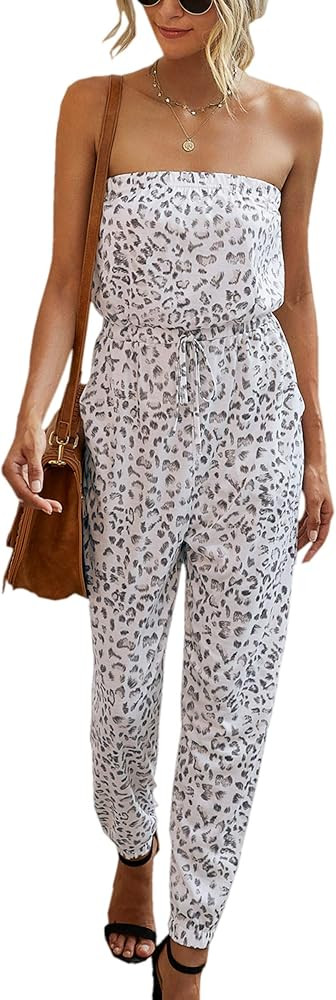 Angashion Women’s Jumpsuit-Casual Off Shoulder Sleeveless Ruffle Button Belt Wide Leg Jumpsuits... | Amazon (US)