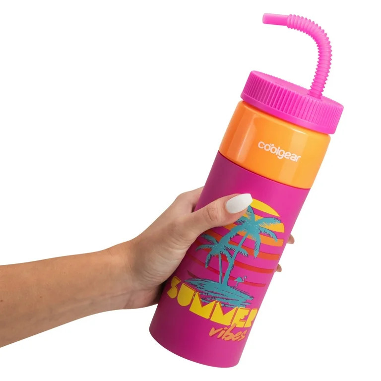 Cool Gear 24oz Plastic Retro Squishy Water Bottle, Summer Vibes Pink Orange with Foam Grip and Re... | Walmart (US)