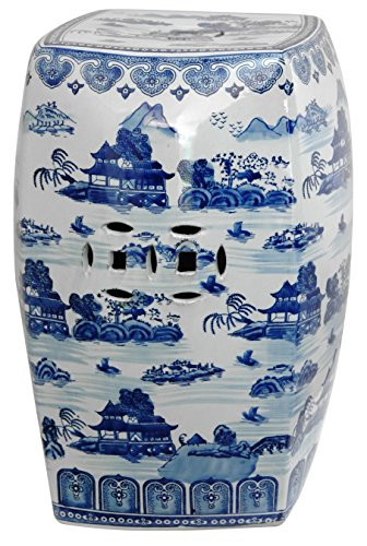 Oriental Furniture 18" Square Landscape Blue & White Porcelain Garden Stool | Amazon (US)